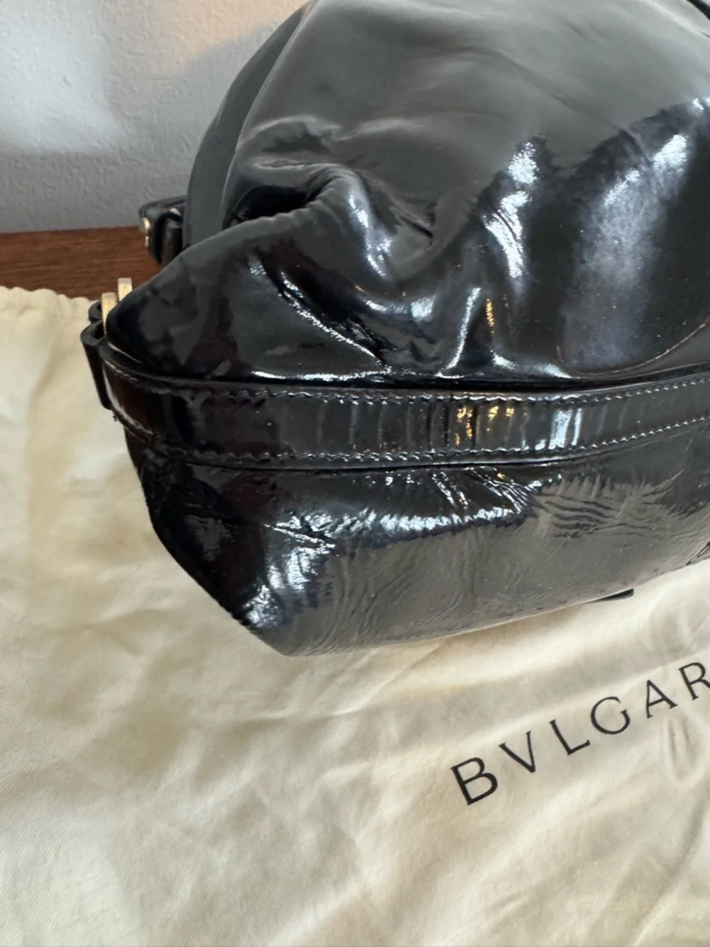Bvlgari Chandra Black Patent Leather Hobo Bag with Gold Ring Hardware with COA